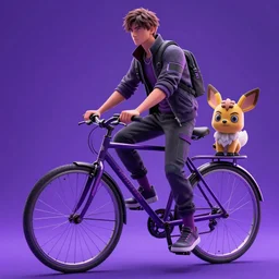 high quality 3 d render cyberpunk very guy standing on a bicycle highly detailed, unreal engine cinematic smooth, in the style of blade runner & detective pikachu, hannah yata charlie immer, purple light, low angle, uhd 8 k, sharp focus