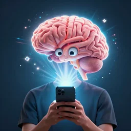an amazing digital artwork of a person's brain expanding and getting smarter because they are using tiktok, phone, scrolling through phone, wide eyes, brain blast
