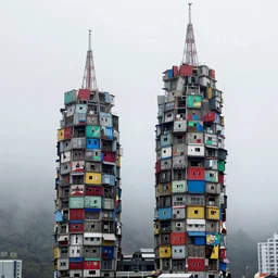 two towers, made up of colourful makeshift squatter shacks, uneven fog, dystopia, sony a 7 r 3, f 1 1, fully frontal view, photographed by jeanette hagglund