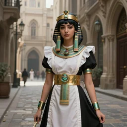 sophisticated composition, old masters light composition, procedurally generated, epic maid girl character posing for concept art, gothic city streets behind her, substance designer, PBR, HD, Ultra detailed, hyperrealistic, megascans, volumetric light, concept by master artist, made in paint tool SAI2, trending pixiv face, costume design from ancient egyptian designers