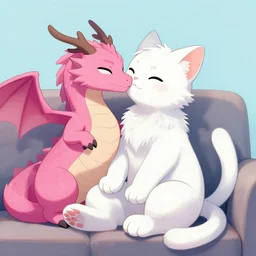 A white anthro cat kissing a pink anthro dragon on the cheek, sitting on a couch, soft lighting, light blue background, digital art, trending on r/furry