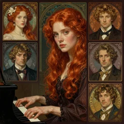 realistic detailed face portrait of Elesky, a young redhaired woman playing the piano, by Charlie Bowater, Karol Bak, Greg Hildebrandt, Jean Delville, and Mark Brooks, Art Nouveau, Neo-Gothic, gothic, rich deep moody colors The seeds for each individual image are: [2494430636, 1032106751, 2063300223, 3127318783, 2806927615, 1614572159, 3237315913, 4237549348, 2995599206, 694098747]