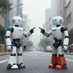 a sad photograph two robots point a finger to each other, large shot, wide shot, in a street