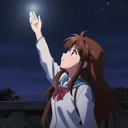 suzumiya haruhi looking into the night sky and raising hand towards the light in the sky, haruhi suzumiya, haruhi, anime