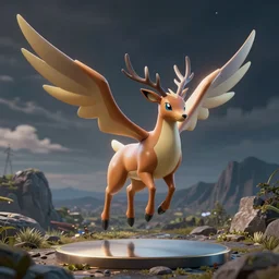 a air type pokemon, flying deer pokemon, skin reflexion zbrushcentral matcap :: by beeple by Raffaello Sanzi and Chao Teng Zhao :: centered,pixar and dreamwork artstation, smooth, sharp focus, octane render, 3d rim light