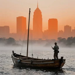 movie still of a fisher man on a barque on a river with orange gradient skyscraper backround, cinestill 8 0 0 t 3 5 mm, high quality, high detail, panoramic, cinematic, dramatic light, foggy