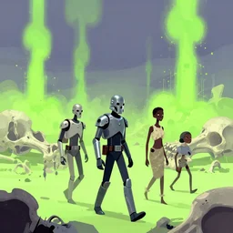 metalhead troopers walk in a plain of giant bones, acid green geysers in the background, moody lighting, maximalist pastel color palette, splatter paint, pixar and disney concept, graphic novel by fiona staples and dustin nguyen, peter elson alan bean wangechi mutu, clean cel shaded vector art, on artstation