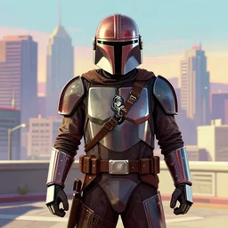 The Mandalorian in GTA V, cover art by Stephen Bliss, artstation, no text, City Skyline in the Backround