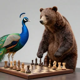 beautiful matte painting of a bear playing chess against a peacock in the style of mc escher, hyper realistic, volumetric lighting, octane render, artstation, 8 k