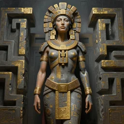 beautiful aztec inca woman colossus full body well proportioned stands to labyrinth by eddie mendoza hyperrealism expressive eyes cyborgess symmetrical very very detailed giger beksinski grey and gold