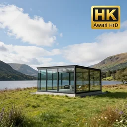 landscape photography, minimalist glass house in lake district, summer, sunny, clouds, beautiful, 4 k, hd, award winning, professional