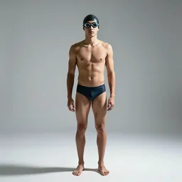jovial swimmer with goggles, cinematic studio photo, full body, standing, isolated on a pure white background, centered, whole figure in frame, sharp focus, studio lighting