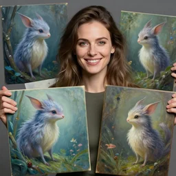 a high quality professional studio photograph with beautiful detailed face of a happy woman proudly showing off her collection of paintings of a beautiful new creature from folklore, clear detailed view. ethereal fantasy art by greg rutkowski