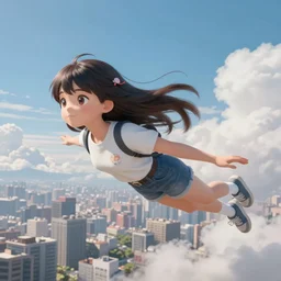 spuergirl flying, cityscape, cloud day, artstation, 8 k