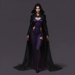 Fantasy portrait, Necromancer, female, beautiful face, dark garments, dark pruple robes, midriff, Black cloak from neck to ankles, pin-up, shaped legs, matte painting, by WLOP, artstation