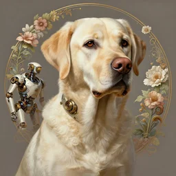 portrait of a labrador, robot steampunk, floral! horizon zero dawn machine, intricate, elegant, highly detailed, ray tracing, digital painting, artstation, concept art, smooth, sharp focus, illustration, art by artgerm and greg rutkowski and alphonse mucha, 8 k