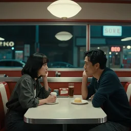 VFX movie interior badass Asian couple sitting at 50s diner, night in the city, by Emmanuel Lubezki