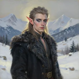 elven male glam rocker in the snowy mountains. gouache fairytale art, russian romanticism, muted palette, backlighting, depth of field.