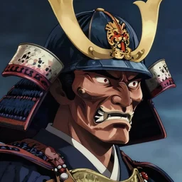a profile picture of powerful japanese samurai, detailed face, portrait, face symmetry, beast face, character concept portrait by moebius and laurie greasley, profile picture, 8 k, anime, cinematic color grading