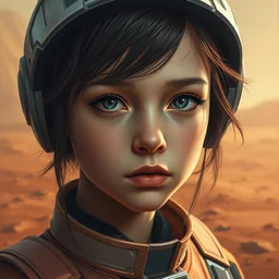 painting, young girl, beautiful face, gorgeous, beautiful face, face visible, gorgeous, halo, standing on the surface of mars, cinematic lighting, eva suit, sad, medium close up, wallpaper, extremely detailed, sharp focus, by greg rutkowski and [ [ [ wlop ] ] ], intricate, beautiful, award winning, trending on artstation, pixiv