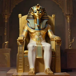 pharaoh atemu of the ahigurawi empire sitting on a throne in his dimly lit throne room, matte painting, visible brushstrokes, 4 k, concept art