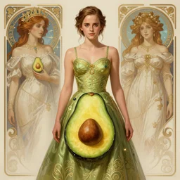 emma watson wearing an avocado - themed dress, d & d, fantasy, intricate, elegant, highly detailed, digital painting, artstation, concept art, matte, sharp focus, illustration, hearthstone, art by artgerm and greg rutkowski and alphonse mucha