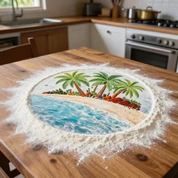 tropical island , very beautiful art made with flour and spices on a wooden kitchen table, stunnig masterpiece