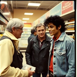 middle aged tourist man meeting michael jackson lookalike in the grocery store 1 9 8 4 candid kodachrome photo