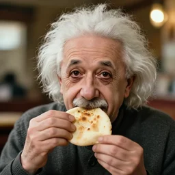 A photo of Albert Einstein eating naan, highly detailed, trending on artstation, bokeh, 90mm, f/1.4