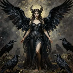 goddess of perdition, surrounded by crows. full body portrait. sinister atmospheric lighting. highly detailed painting by gustave dore.
