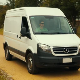 a young guy wearing green shirt and sunglasses is driving a white van down a yellow brick road, cinematic lighting, establishing shot, art by jordan grimmer