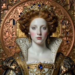 face centered portrait, artwork by james jean, hyperdetailed realistic porcelain, beautiful medieval queen, jean delville, art nouveau, gustav klimt, ornate copper patina gothic icon, james jean, ultrasharp hyperdetailed photorealistic octane render