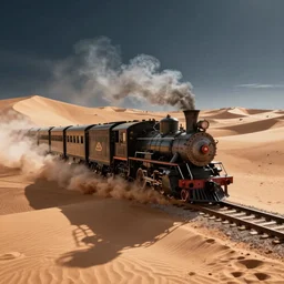 an old steam train runs trough the Sand of the desert, steampunk, artistic, beatiful lighting