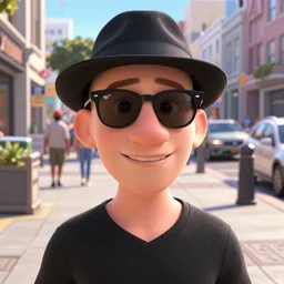 pixar sci - fi movie still close - up portrait photo of bald white young man wearing a black v - neck shirt, black ray - bans, black fedora, large nose : : sidewalk in sf, smiling, facing the camera : : by greg rutkowski, wlop, rossdraws, artgerm, weta, marvel, unreal engine, bright morning, gq magazine cover, : :