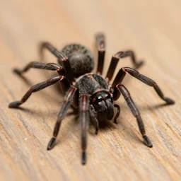 a close up shot of a spider attacking a ant on a wooden table, microshot.
