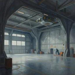 a painting of a sci fi hangar, by charlie bowater
