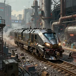 cyberpunk armored locomotive on railroad through cyberpunk industrial site. cyberpunk factories. cyberpunk kowloon city. rail tracks. cyberpunk industrial area. Digital render. digital painting. Beeple. Noah Bradley. Cyril Roland. Ross Tran. trending on artstation.