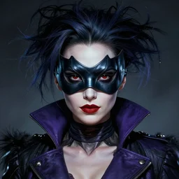 character concept portrait, symmetrical head - on centralized, dinah drake, domino mask, indigo costume. detailed, high quality, dynamic lighting, fantasy. artwork by artgerm, wlop, alex ross, greg rutknowski, alphonse mucha