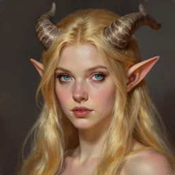 A head-on detailed oil fantasy portrait of a pretty elf woman with small horns, long blonde hair and bright irises, by greg rutkowski, trending on artstation, dungeon and dragons art