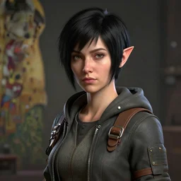 a portrait of a female gnome engineer, short black pixie undercut hairstyle, hyper detailed, digital art, trending in artstation, cinematic lighting, studio quality, smooth render, unreal engine 5 rendered, octane rendered, art style by klimt and nixeu and ian sprigger and wlop and krenz cushart