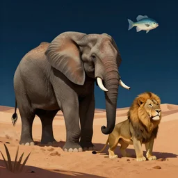 elephant, lion, and fish strange anatomy in a desert at night. pulp sci - fi art.