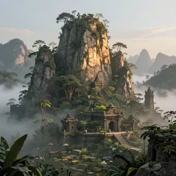 a highly detailed matte painting of a lost jungle temple, the mist settles on the ground while the morning light glows off the mountains and stone structures, by Caspar Friedrich