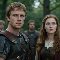 sharp, highly detailed, film from a 2 0 1 9 sci fi 8 k movie, time travelers suddenly appear in a park in 2 0 1 9, a man from the roman empire and a woman from 1 9 0 0, atmospheric lighting, in focus, reflective eyes, 3 5 mm macro lens, live action, nice composition