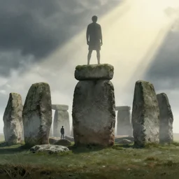 karolis strautniekas and mads berg, illustrated stonehenge exterior with a giant silhouete of a person standing above it, low hanging fog, stone cliff, fine texture, detailed, muted colors, dramatic lighting, dynamic composition, vivid, matte print, ( ( sunbeams ) ), moody