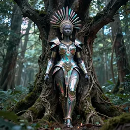 hyperrealistic avant garde cinematic super expressive! yoruba goddess with exoskeleton armor, merging with tree in a forest, highly detailed digital art masterpiece, smooth cam de leon eric zener dramatic pearlescent soft teal pink light, ground angle hd 8 k, sharp focus