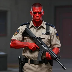 ( glowing red skin ) zombie security officers in beige uniform holding bullpup uzis trending on artstation digital painting highly detailed 4 k 8 k hd