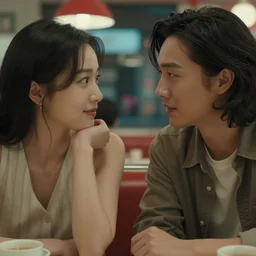 movie interior closeup beautiful Chinese couple closeup sitting and talking at 50s diner, night in the city, beautiful skin, by Emmanuel Lubezki