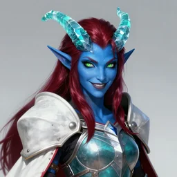 masterpiece concept art, female tiefling of deep blue skin, straight aquamarine translucent crystal horns, shiny dark blood red hair, shifty lime green eyes and a playful smile wearing teal lined crimson plate armor and a white cape with red lining, highly detailed masterpiece, artstation trending, 8 k