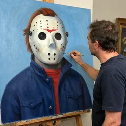 jason voorhees in a bob ross painting, being painted by ted bundy