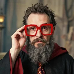 a wizard wearing big red square glasses